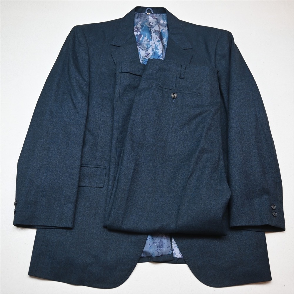 Vtg Bespoke 42R 34x29 Blue Wool Mens Jacket Pants Suit